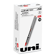 uni-ball VISION Roller Ball Pen, Stick, Fine 0.7 mm, Red Ink, Gray/Red Barrel, Dozen (60139)