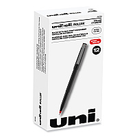 uni-ball Roller Ball Pen, Stick, Micro 0.5 mm, Red Ink, Black Matte Barrel, Dozen (60152)