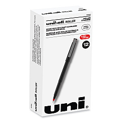 uni-ball Roller Ball Pen, Stick, Micro 0.5 mm, Red Ink, Black Matte Barrel, Dozen (60152)