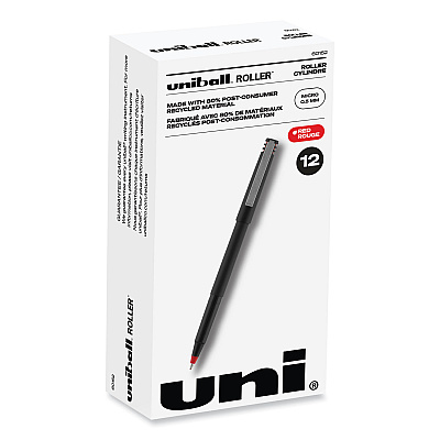 uni-ball Roller Ball Pen, Stick, Micro 0.5 mm, Red Ink, Black Matte Barrel, Dozen (60152)
