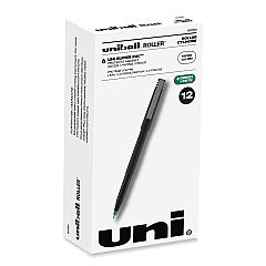 uni-ball Roller Ball Pen, Stick, Micro 0.5 mm, Green Ink, Black Matte Barrel, Dozen (60154)