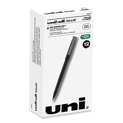 uni-ball Roller Ball Pen, Stick, Micro 0.5 mm, Green Ink, Black Matte Barrel, Dozen (60154)