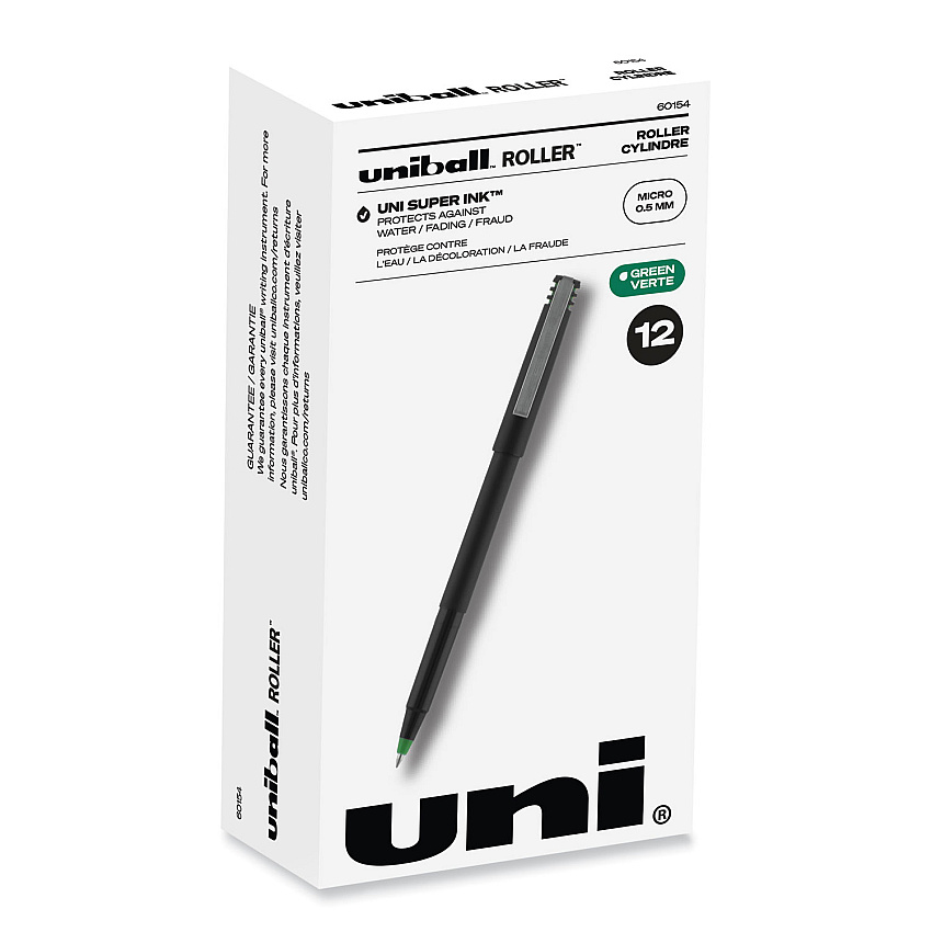 uni-ball Roller Ball Pen, Stick, Micro 0.5 mm, Green Ink, Black Matte Barrel, Dozen (60154)