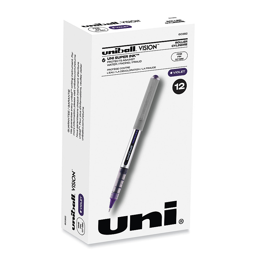 uni-ball VISION Roller Ball Pen, Stick, Fine 0.7 mm, Majestic Purple Ink, Gray Barrel, Dozen (60382)