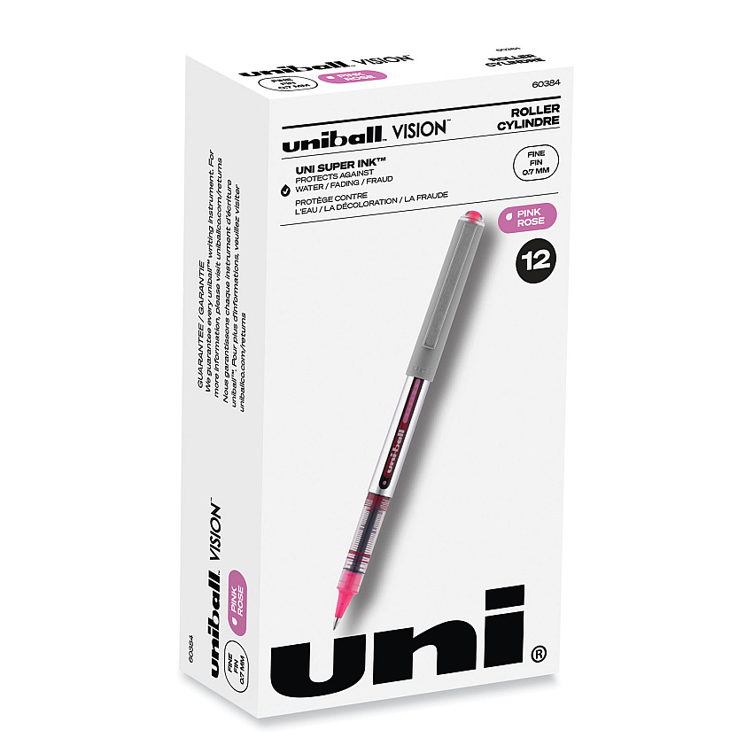 uni-ball VISION Roller Ball Pen, Stick, Fine 0.7 mm, Passion Pink Ink, Gray Barrel, Dozen (60384)
