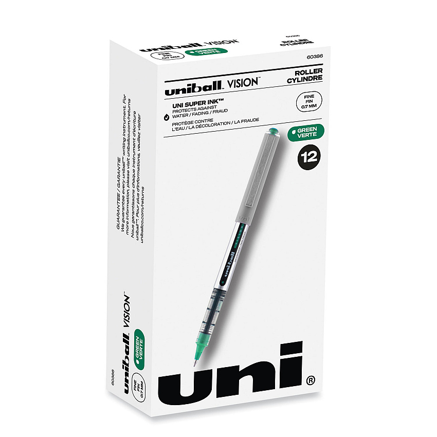 uni-ball VISION Roller Ball Pen, Stick, Fine 0.7 mm, Evergreen Ink, Gray Barrel, Dozen (60386)