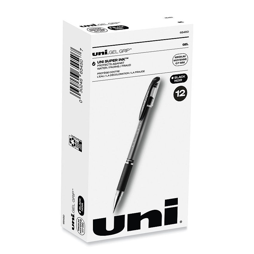 uni-ball Signo GRIP Gel Pen, Stick, Medium 0.7 mm, Black Ink, Silver/Black Barrel, Dozen (65450)