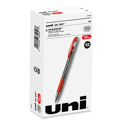 uni-ball Signo GRIP Gel Pen, Stick, Medium 0.7 mm, Red Ink, Silver/Red Barrel, Dozen (65452)