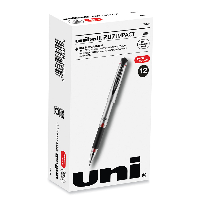uni-ball 207 Impact Gel Pen, Stick, Bold 1 mm, Red Ink, Black Barrel (65802)