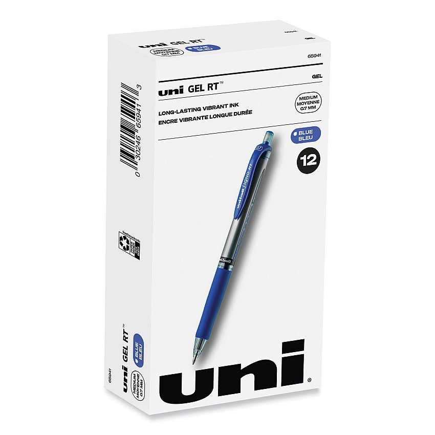 uni-ball Signo Gel Pen, Retractable, Medium 0.7 mm, Blue Ink, Blue/Metallic Accents Barrel, Dozen (65941)
