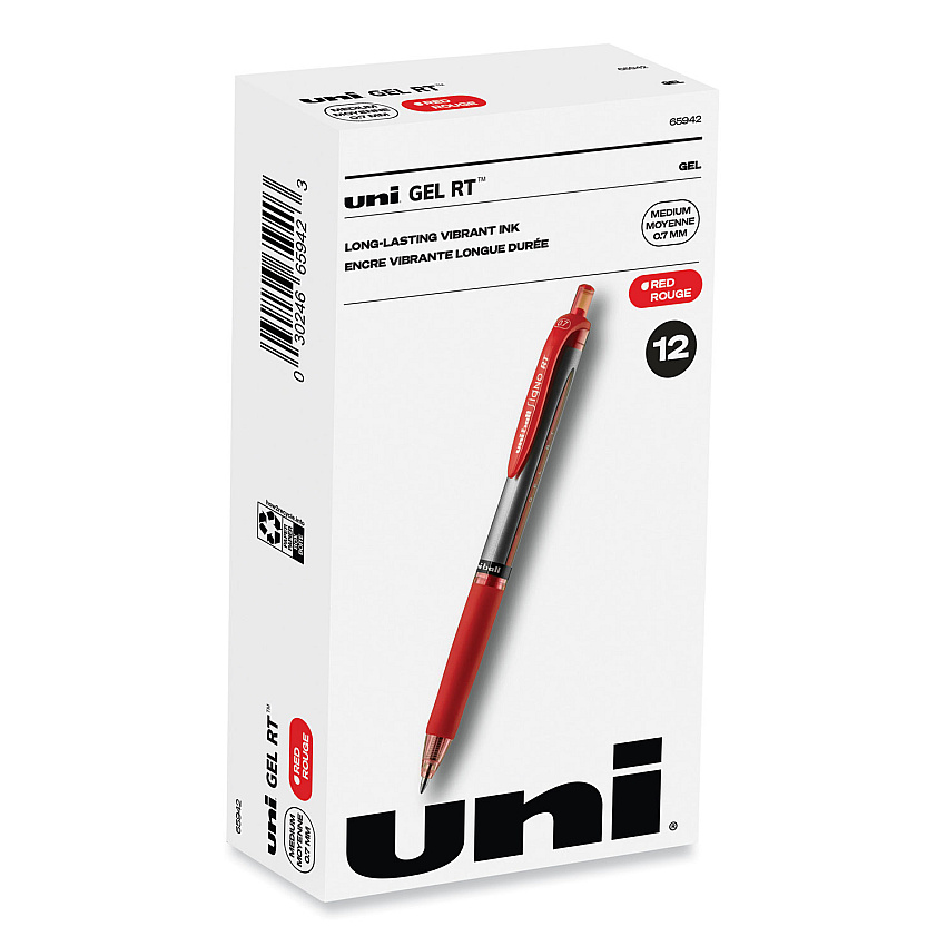 uni-ball Signo Gel Pen, Retractable, Medium 0.7 mm, Red Ink, Red/Metallic Accents Barrel, Dozen (65942)