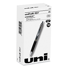 uni-ball Signo 207 Gel Pen, Retractable, Micro 0.5 mm, Black Ink, Smoke/Black Barrel, Dozen (61255)