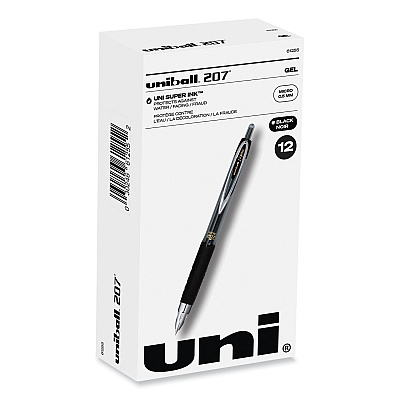 uni-ball Signo 207 Gel Pen, Retractable, Micro 0.5 mm, Black Ink, Smoke/Black Barrel, Dozen (61255)
