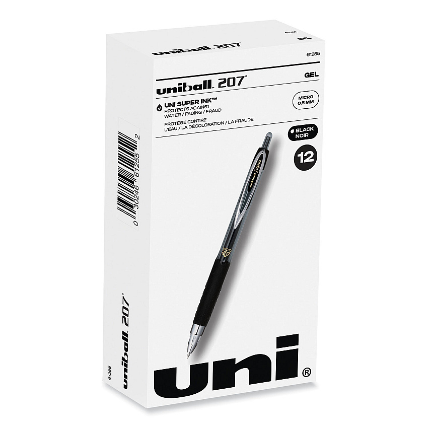 uni-ball Signo 207 Gel Pen, Retractable, Micro 0.5 mm, Black Ink, Smoke/Black Barrel, Dozen (61255)