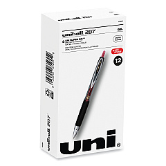 uni-ball Signo 207 Gel Pen, Retractable, Micro 0.5 mm, Red Ink, Smoke/Black/Red Barrel, Dozen (61257)
