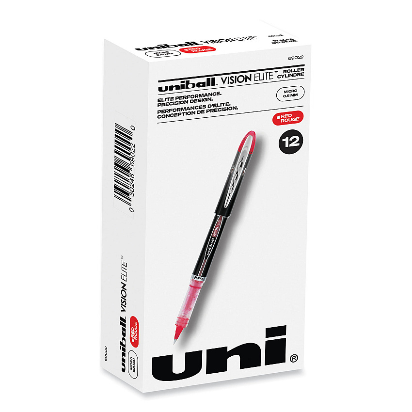 uni-ball VISION ELITE Roller Ball Pen, Stick, Extra-Fine 0.5 mm, Red Ink, Black/Red Barrel (69022)