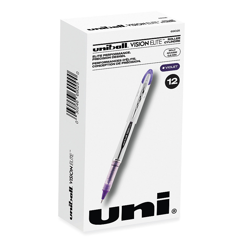 uni-ball VISION ELITE Roller Ball Pen, Stick, Bold 0.8 mm, Purple Ink, White/Purple Barrel (69025)