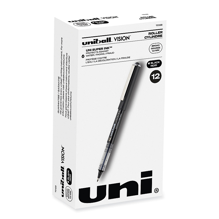 uni-ball VISION Roller Ball Pen, Stick, Bold 1 mm, Black Ink, Black Barrel, Dozen (70128)
