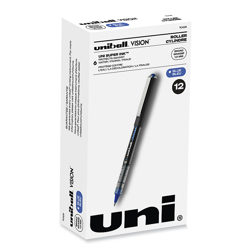 uni-ball VISION Roller Ball Pen, Stick, Bold 1 mm, Blue Ink, Black/Blue Barrel, Dozen (70129)