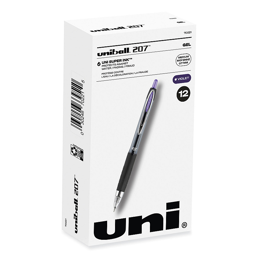uni-ball Signo 207 Gel Pen, Retractable, Medium 0.7 mm, Purple Ink, Smoke/Black/Purple Barrel, Dozen (70221)