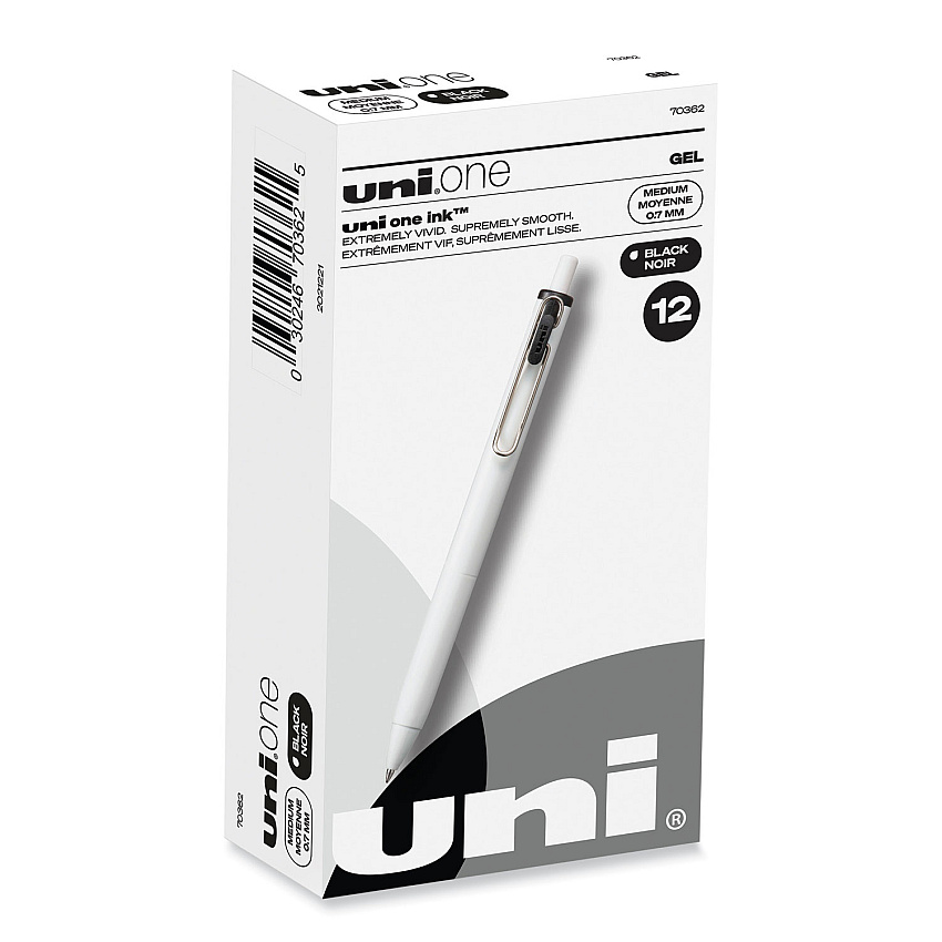 uniball uniONE Gel Pen, Retractable, Medium 0.7 mm, Black Ink, White Barrel, Dozen (70362)