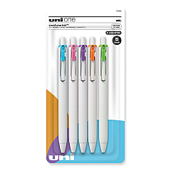 uniball uniONE Gel Pen, Retractable, Medium 0.7 mm, Fashion Ink-Color Assortment, White Barrel, 5/Pack (70381)