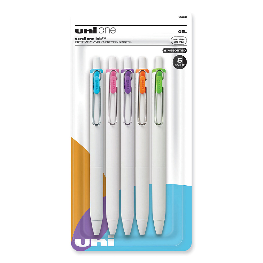 uniball uniONE Gel Pen, Retractable, Medium 0.7 mm, Fashion Ink-Color Assortment, White Barrel, 5/Pack (70381)