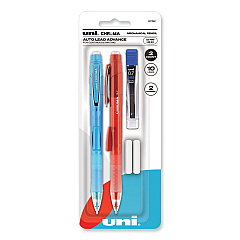 uniball Chroma Mechanical Pencil w/ 10 Leads and 2 Erasers, 0.7 mm, HB (#2), Black Lead, (1) Red (1) Blue Barrel, 2/Pack (90192)