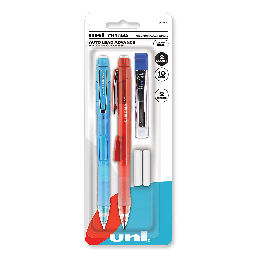 uniball Chroma Mechanical Pencil w/ 10 Leads and 2 Erasers, 0.7 mm, HB (#2), Black Lead, (1) Red (1) Blue Barrel, 2/Pack (90192)