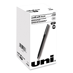uni-ball Roller Ball Pen, Stick, Micro 0.5 mm, Black Ink, Black Matte Barrel, 36/Pack (1921065)