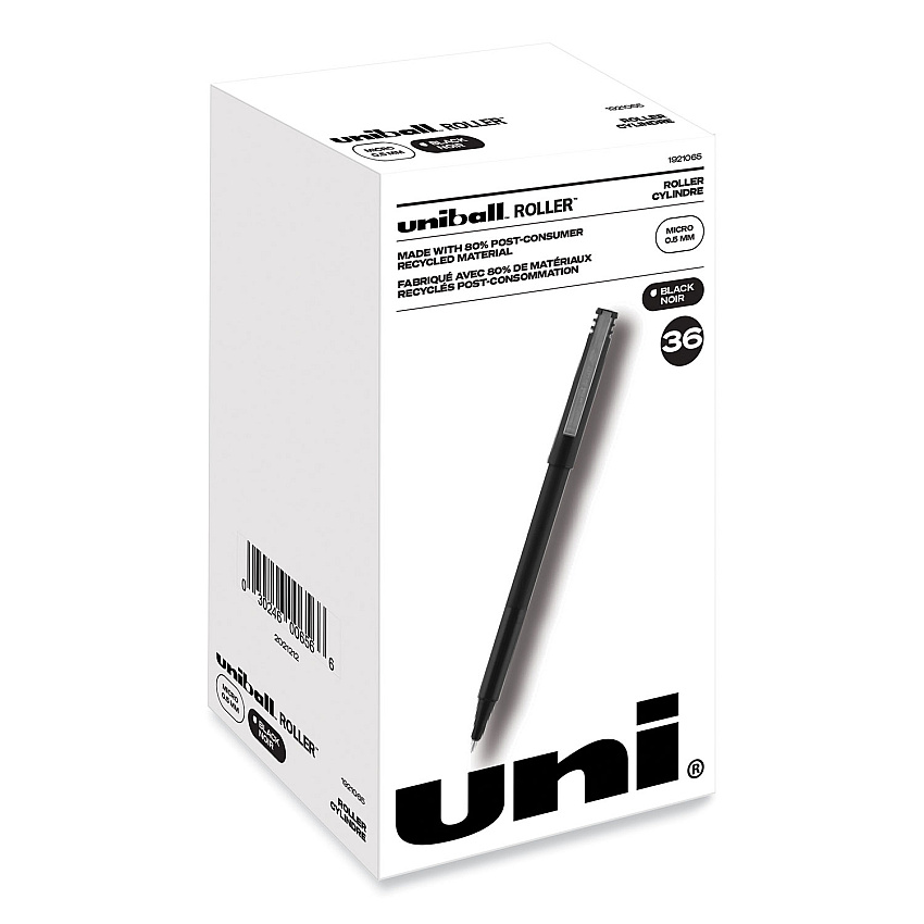 uni-ball Roller Ball Pen, Stick, Micro 0.5 mm, Black Ink, Black Matte Barrel, 36/Pack (1921065)