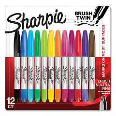 Sharpie Brush Tip Permanent Marker, Twin Tip, Ultra-Fine Needle/Broad Brush Tips, Assorted Colors, 12/Pack (2168237)