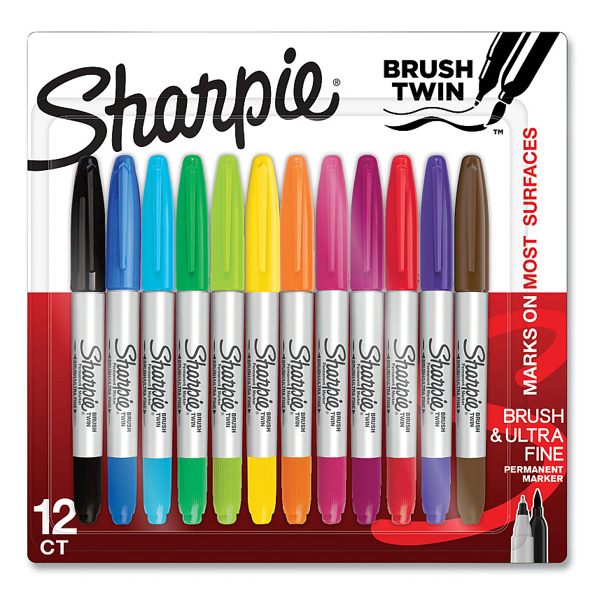 Sharpie Brush Tip Permanent Marker, Twin Tip, Ultra-Fine Needle/Broad Brush Tips, Assorted Colors, 12/Pack (2168237)