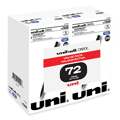 uni-ball ONYX Roller Ball Pen, Stick, Fine 0.7 mm, Blue Ink, Black Matte Barrel, 72/Pack (2013568)