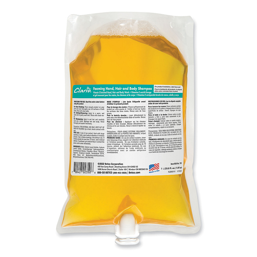 Betco Foaming Hand, Hair and Body Shampoo, Fresh, 1,000 mL, 6/Carton (7532900)