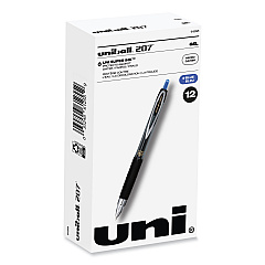 uni-ball Signo 207 Gel Pen, Retractable, Micro 0.5 mm, Blue Ink, Smoke/Black/Blue Barrel, Dozen (61256)