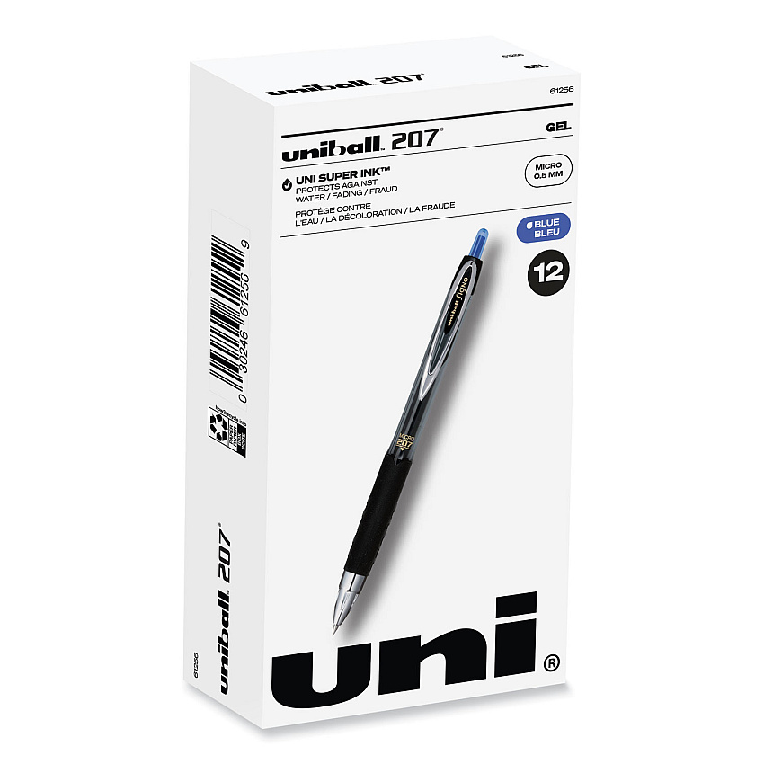 uni-ball Signo 207 Gel Pen, Retractable, Micro 0.5 mm, Blue Ink, Smoke/Black/Blue Barrel, Dozen (61256)