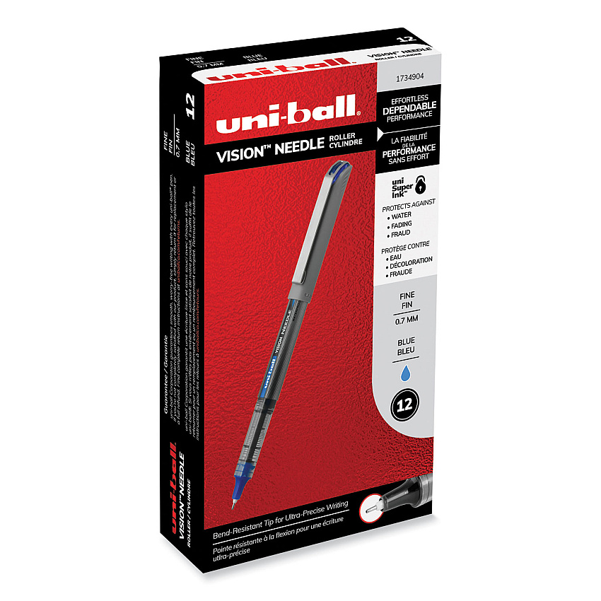 uni-ball VISION Needle Roller Ball Pen, Stick, Fine 0.7 mm, Blue Ink, Silver Barrel, Dozen (1734904)