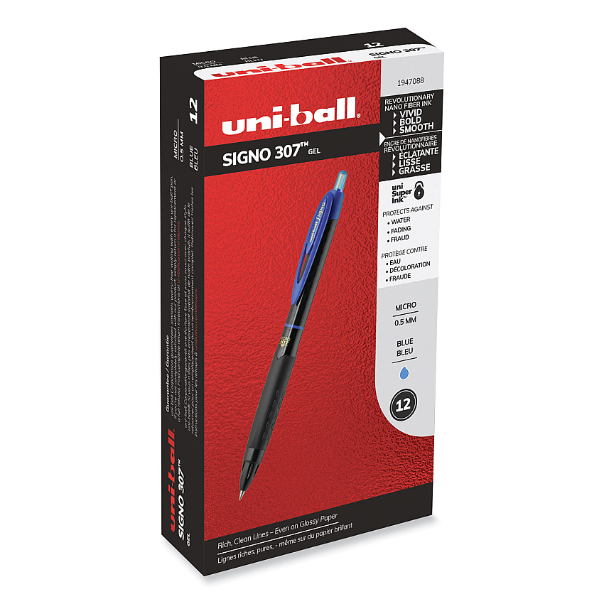 uni-ball 307 Gel Pen, Retractable, Micro 0.5 mm, Blue Ink, Black Barrel, Dozen (1947088)