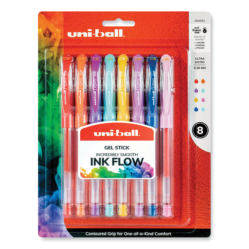 uni-ball Gel Pen, Stick, Micro 0.38 mm, Assorted Ink Colors, Clear Barrel, 8/Pack (2004052)