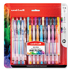 uni-ball Gel Pen, Stick, Assorted Sizes, Assorted Ink Colors, Clear Barrel, 24/Pack (2004056)