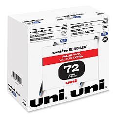 uni-ball Roller Ball Pen, Stick, Micro 0.5 mm, Blue Ink, Black Barrel, 72/Pack (2013566)