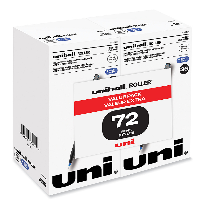 uni-ball Roller Ball Pen, Stick, Micro 0.5 mm, Blue Ink, Black Barrel, 72/Pack (2013566)