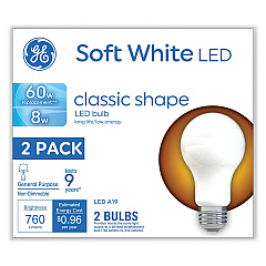 GE Classic LED Non-Dim A19 Light Bulb, 8 W, Soft White, 2/Pack (93105686)