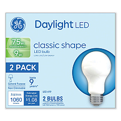 GE Classic LED Non-Dim A19 Light Bulb, 9 W, Daylight, 2/Pack (93109035)