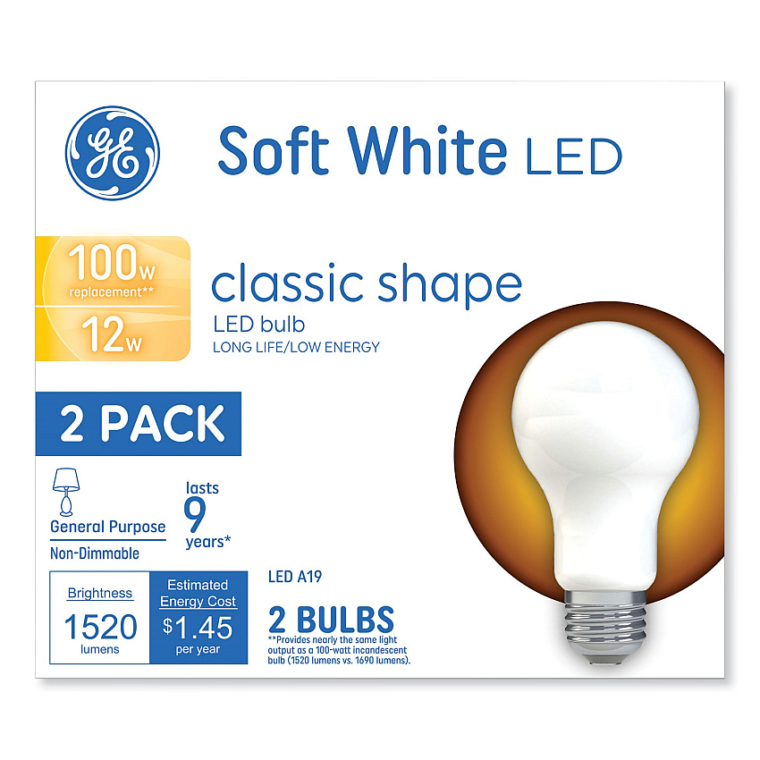 GE Classic LED Non-Dim A19 Light Bulb, 12 W, Soft White, 2/Pack (93109188)