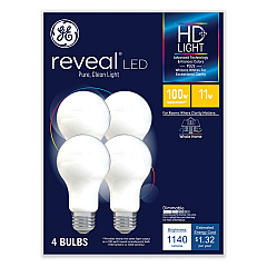 GE Reveal HD+ LED A19 Light Bulb, 11 W, 4/Pack (93127996)