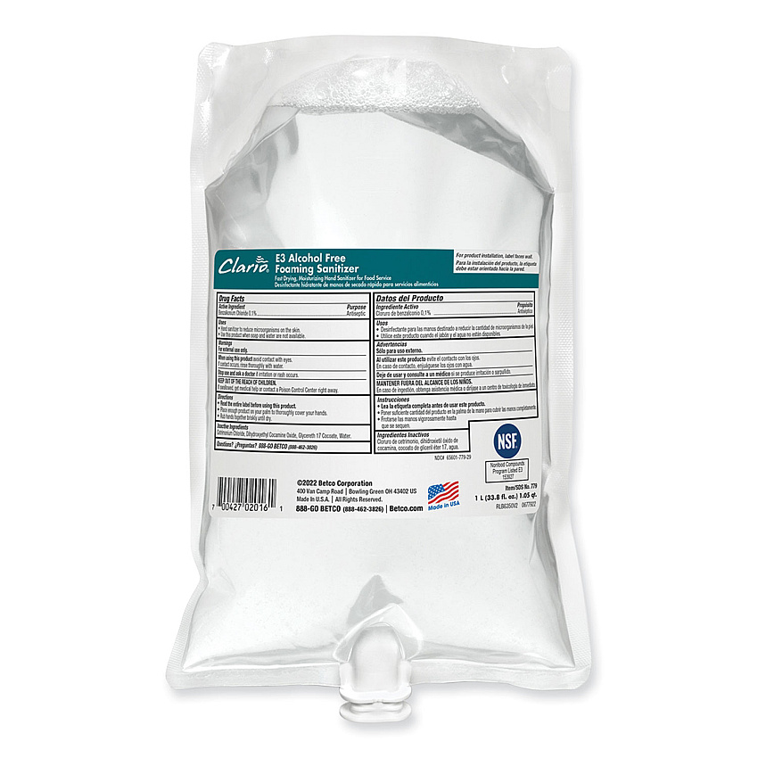Betco Clario E3 Alcohol Free Foaming Hand Sanitizer, 1,000 mL Bag, Fragrance-Free, 6/Carton (7792900)