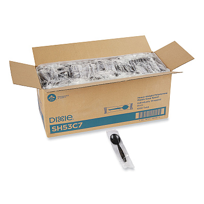 Dixie Individually Wrapped Heavyweight Soup Spoons, Polystyrene, Black, 1,000/Carton (SH53C7)