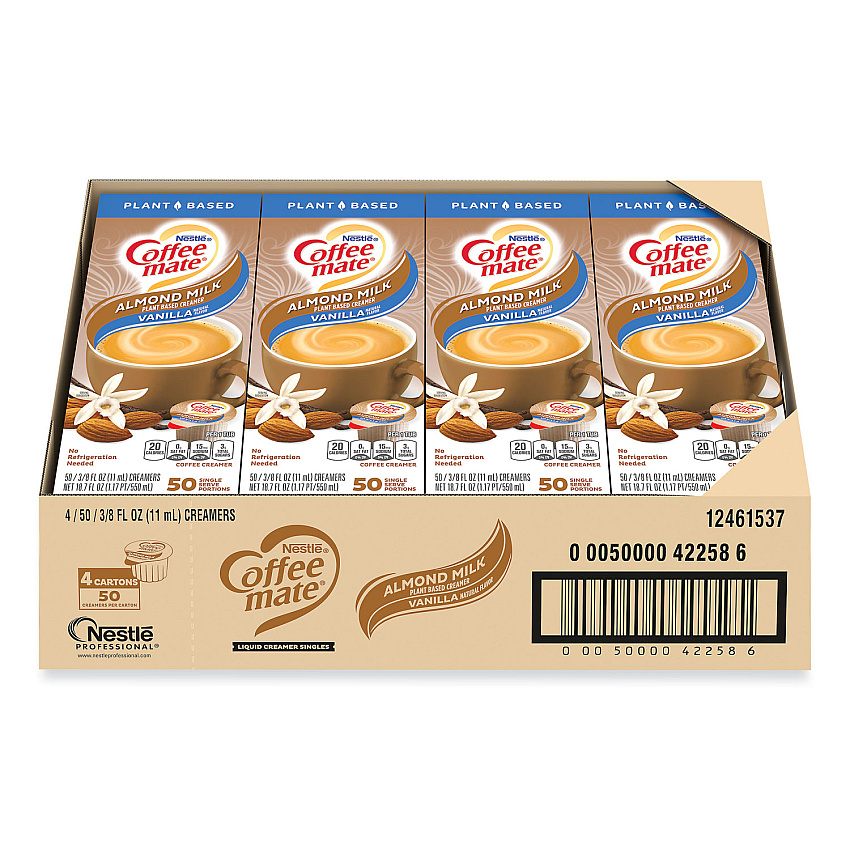 Coffee-mate Plant-Based Almond Milk Non-Dairy Liquid Creamer Singles, Natural Vanilla, 0.38 oz Tubs, 200/Carton (42258CT)